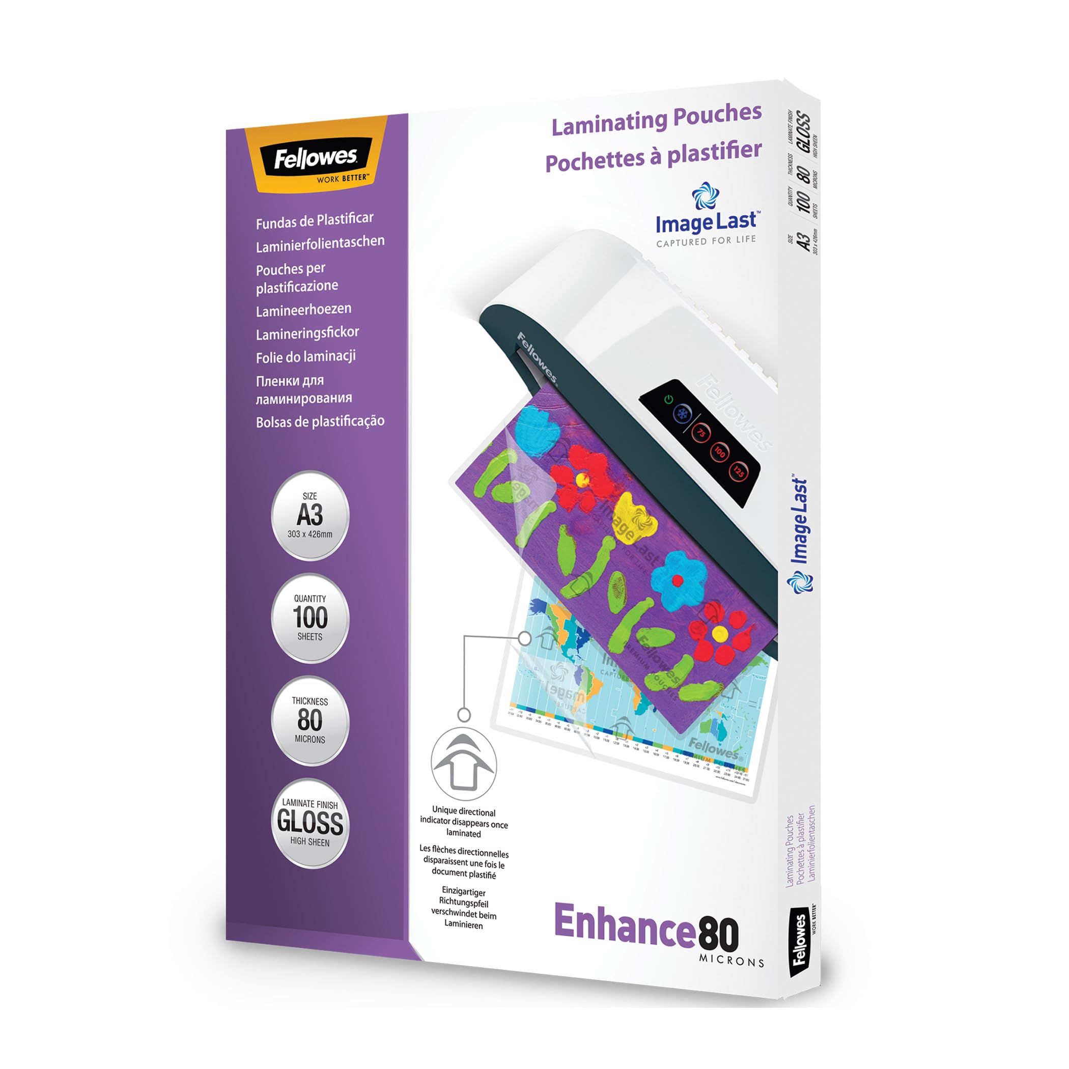 Fellowes A3 Laminating Pouches - Gloss Finish - 100 Sheets - 160 Micron (2 x 80) Clear & Durable Laminating Pouch with Image Last Directional Mark - Ideal for Photos and Notices