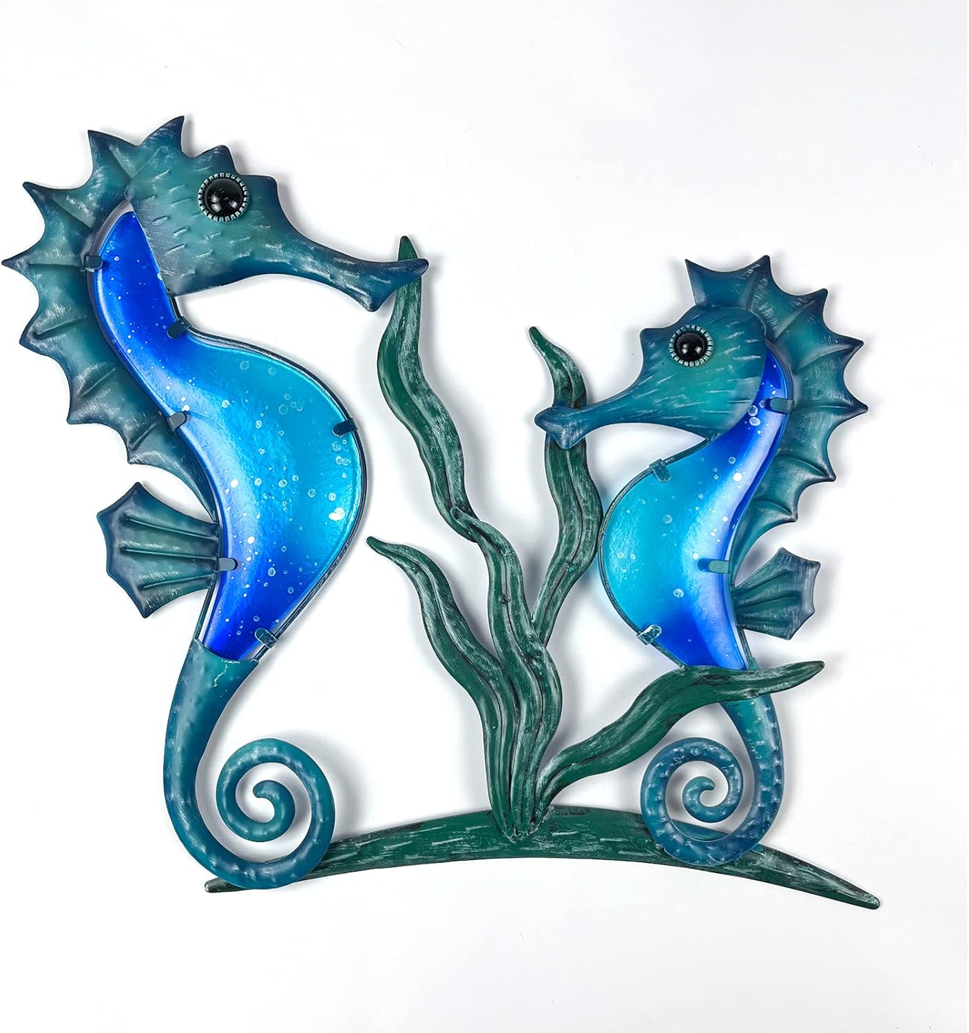 Plaques & Wall Art - HONGLAND Metal Seahorse Wall Decor Glass Ocean Wall Art Blue Beach Theme Decorations Seahorse Couple Sculpture For Patio Pool Bathroom Yard Fence Deck-16 Inch
