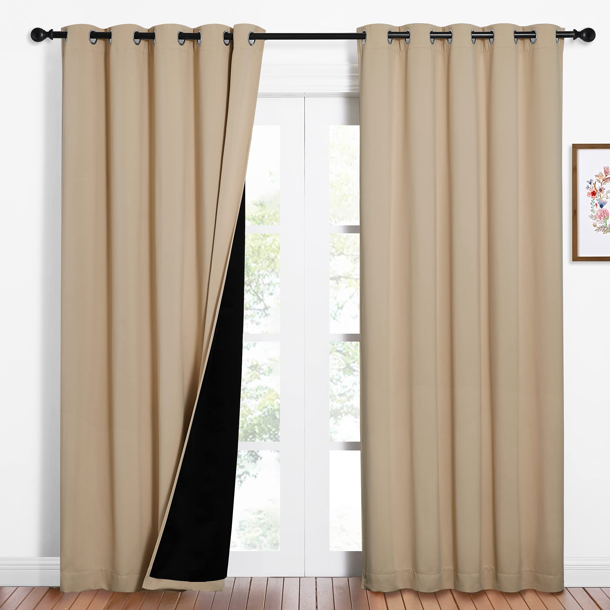 Photo 1 of NICETOWN Living Room Completely Shaded Draperies, Privacy Protection & Noise Reducing Ring Top Drapes, Black Lined Insulated Window Treatment Curtain Panels(Biscotti Beige, 2 Pieces, W62 x L84)