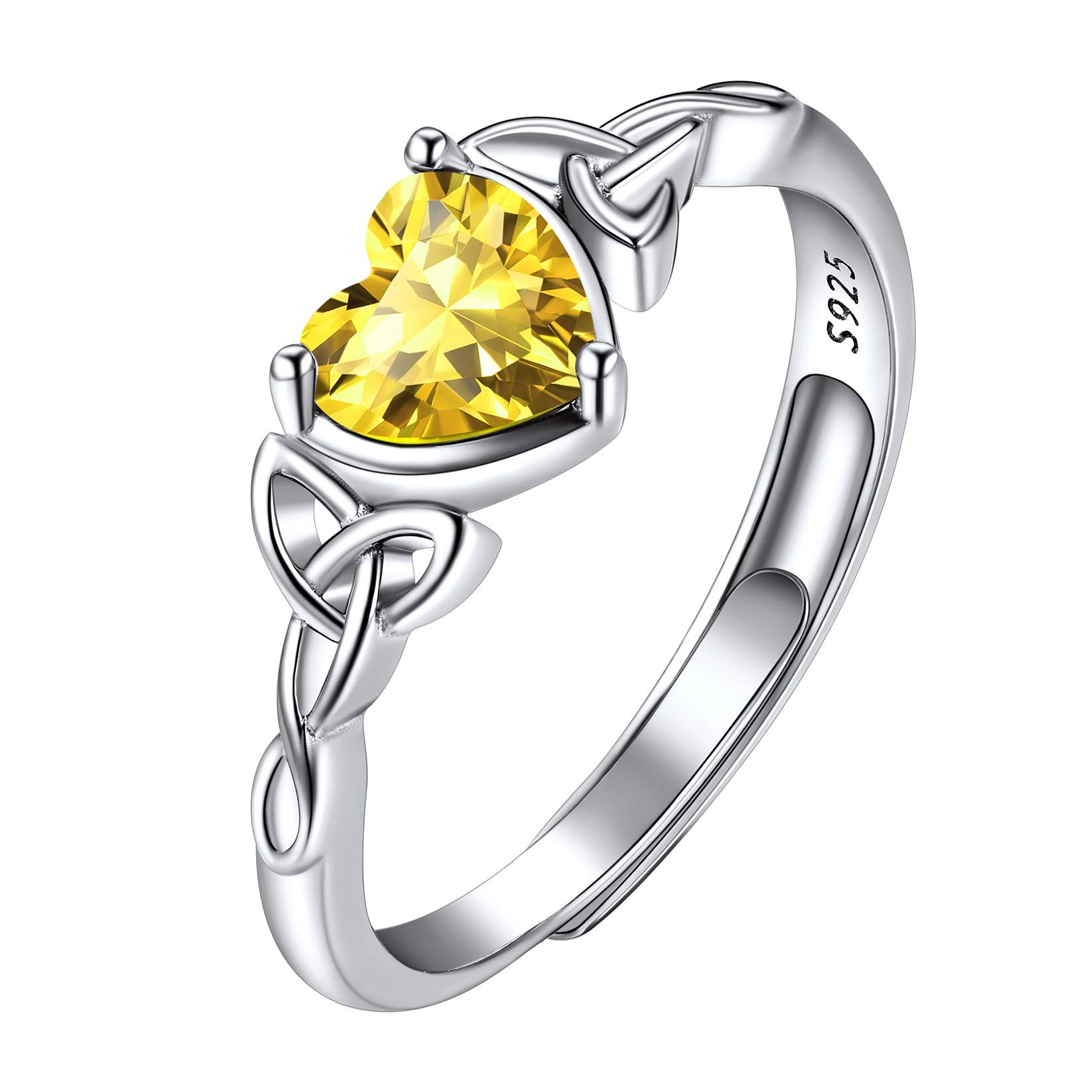 Suplight 925 Sterling Silver Rings November Birthstone Jewellery Citrine Crystal Heart Shaped Adjustable Celtic Knot Solitaire Promise Engagement Ring for Women