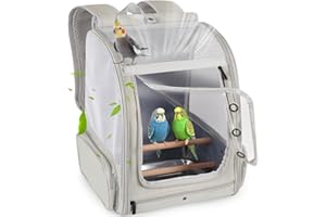 HALINFER Bird Backpack Carrier with Front Zipper Opening, Portable Bird Travel Carrier Cage with 2 Standing Perches and Metal Tray, Breathable Transport Bag for Parakeet, Budgie, Conure, Cockatiel, Parrot