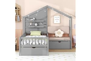 DEINPPA Twin Kids Bed with Storage, House Bed Frame with Charging Station and Futon Seat, Wooden Platform Bed with Drawers, Come with Decorative LED Lights, for Kids Children Toddler Boys Girls-Grey