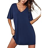Ekouaer Nightgowns for Women Bamboo Viscose Sleepshirt Short sleeve Nightshirt V Neck T shirt Night gown Boyfriend Sleepwear