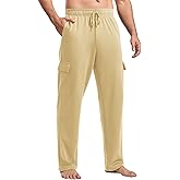 PINSPARK Men's Cargo Sweatpants with Pockets Open Bottom Baggy Cotton Jogger Sweatpants Uncuffed Lounge Pants Straight Leg