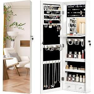 AnSafity Lockable Jewelry Cabinet Organizer with Full Length Mirror, 6 Auto LED Lights, Wall & Over Door Mount Jewelry Armoir