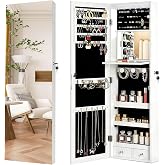 AnSafity Over the Door Jewelry Organizer, Wall Mounted Jewelry Cabinet | 6 LEDs, Hanging Storage Box, Full Length Mirror, Foldable Makeup Shelf, Built-in Makeup Mirror, Lockable