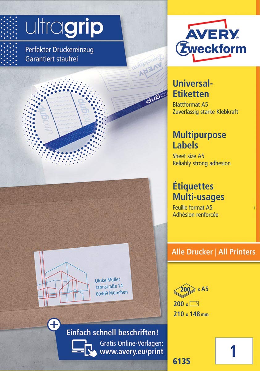 Avery Zweckform 6135 Universal Labels, A5, Matt Paper, 200 Labels, 210 x 148 mm, 200 Sheets, White