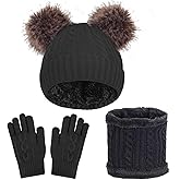 Kids Winter Hat Gloves Scarf Set, Knit Beanie with Pompom for Girls Boys Neck Warmer Thick Fleece Lining Thermal 2-10 Toddler