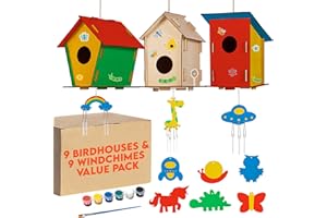 CRAFTY HAPPITOYS 9 Wooden Birdhouses & 9 Wind Chimes -Art & Crafts for Kids Ages 4 5 6 7 8 - Kids Bulk Arts and Crafts Set with Painting Kit -DIY Wood Bird House and Windchimes Kits for Boys Girls to Build & Paint