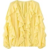 HangNiFang Ruffled Multi-Layered Summer Blouse for Women Trendy Semi See Through V-Neck Long Sleeve Button Chiffon Shirt Tops