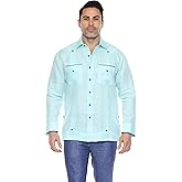 Mojito Men's 100% Linen Guayabera Shirt Long Sleeve with Pop-Color Pocket Trim