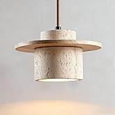 Japanese Wabi sabi Pendant Light with Natural Stone Shade, Dimmable Modern Wood Hanging Lamp Fixture, Adjustable Height Penda