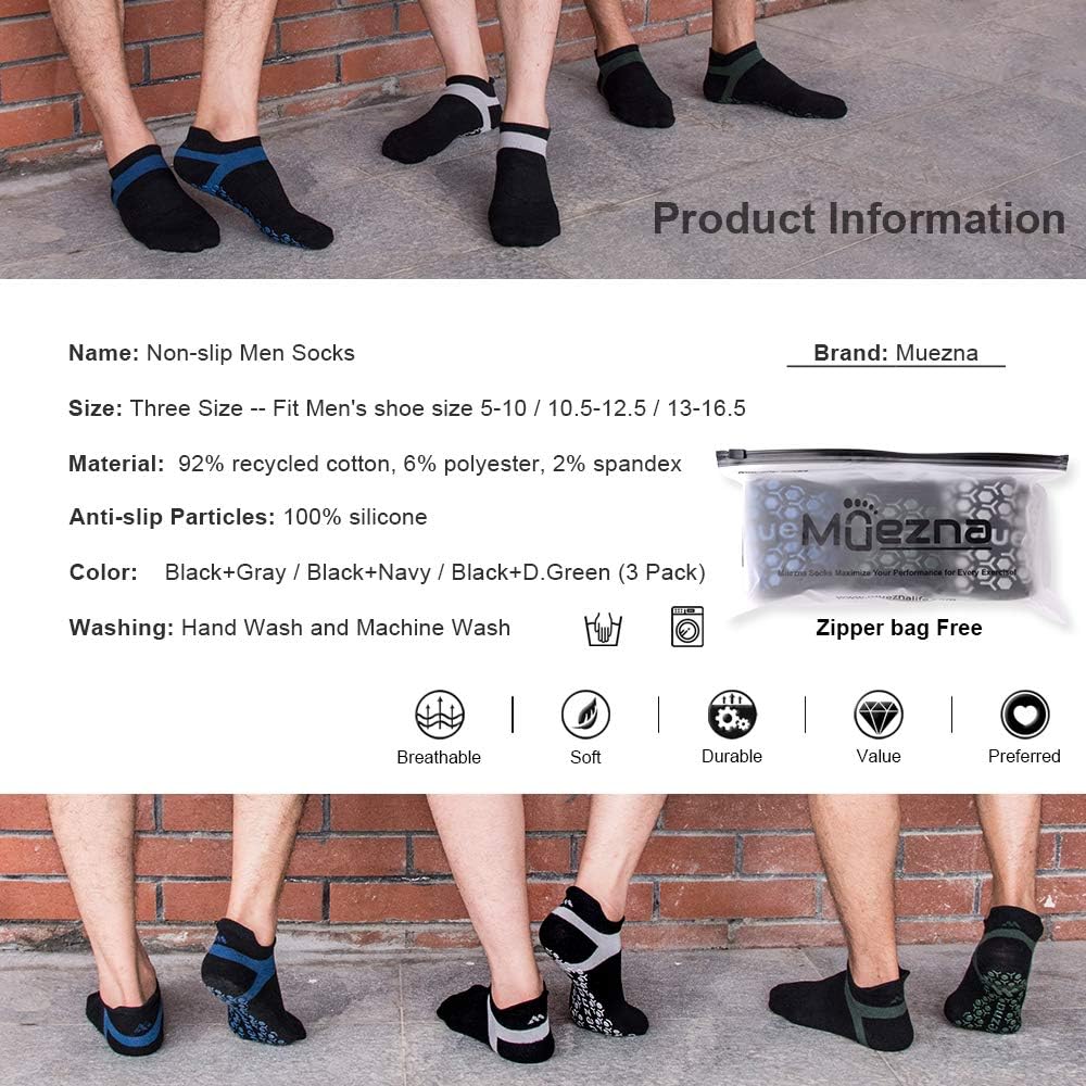 Muezna Men's Non-Slip Yoga Socks, Anti-Skid Pilates, Barre, Bikram Fitness Hospital Slipper Socks with Grips : Clothing