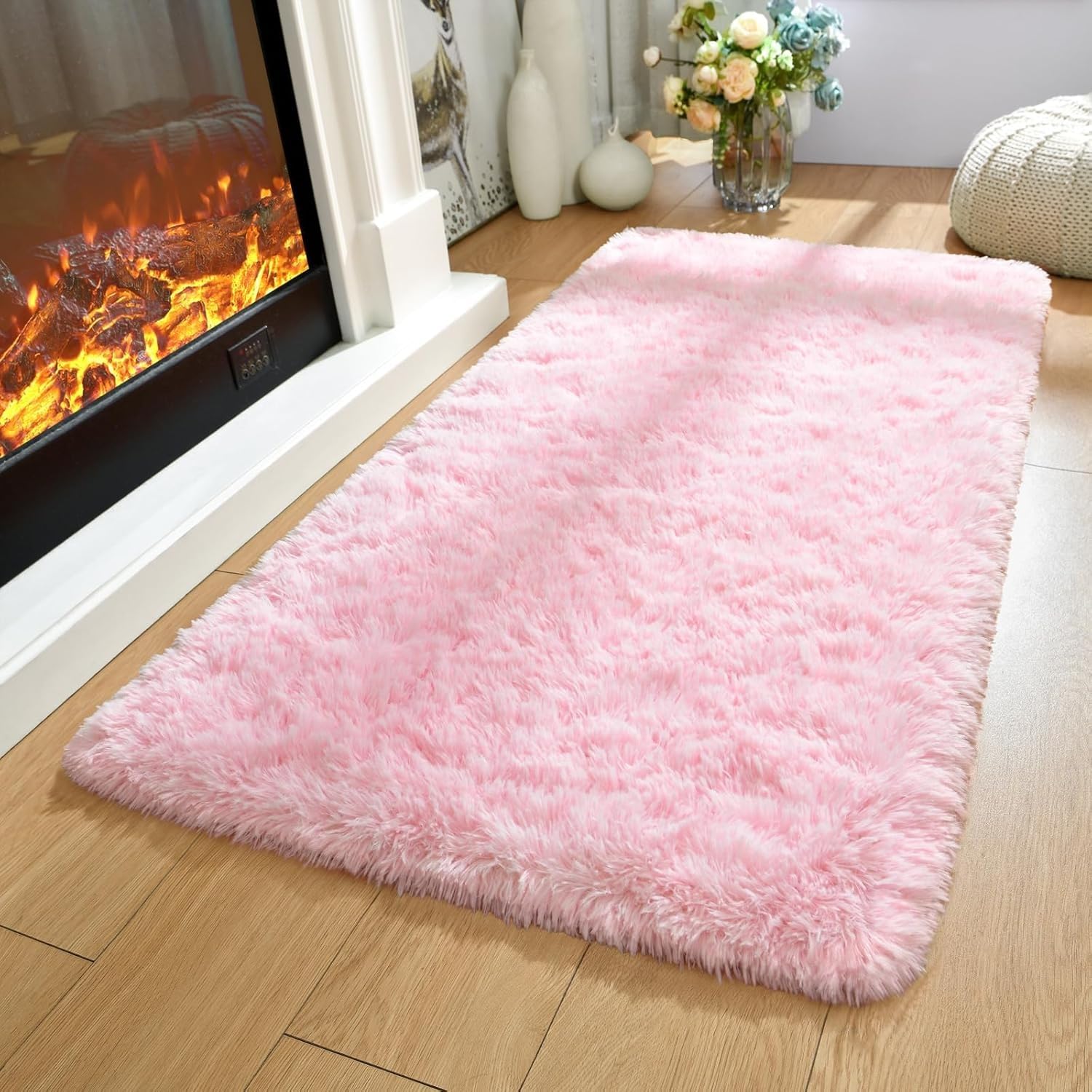 AMEHA Small Bedside Pink Shaggy Rugs 50x80 cm Fluffy Soft Non Slip Girls Bedroom Rug Nursery Kids Room Carpet Non-Shedding