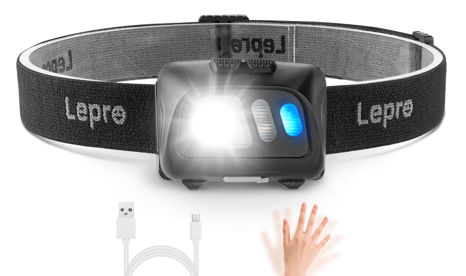 Lepro Head Torch, Super Bright Led Rechargeable Headlamp with Motion Sensor, Long Runtime, 5 Lighting Modes, Red Warning Lights, Waterproof Lightweight Headlight for Running Camping