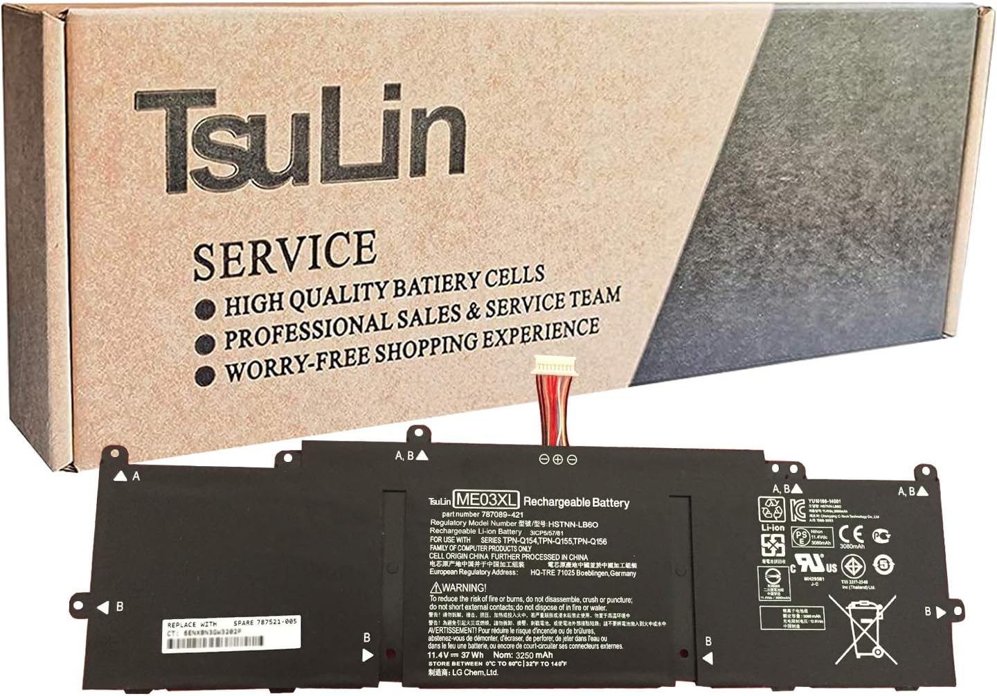TsuLin ME03XL Laptop Battery Compatible with Hp Stream 11 11-d000na 13 13-C010NR Series Notebook 787089-541 787521-005 HSTNN-UB6M HSTNN-LB6O 11.4V 37Wh 3130mA