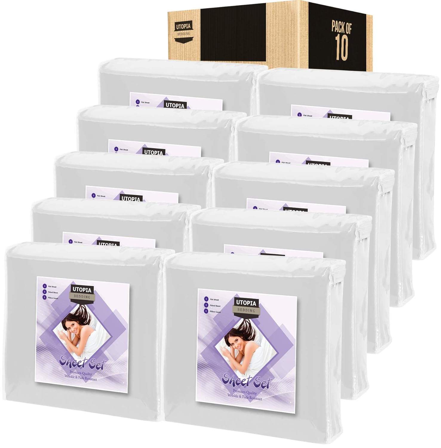 Utopia Bedding 3-Piece Bed Sheet Set - 1 Flat Sheet, 1 Fitted Sheet and 1 Pillowcase - (Bulk Pack of 10, Twin - White)