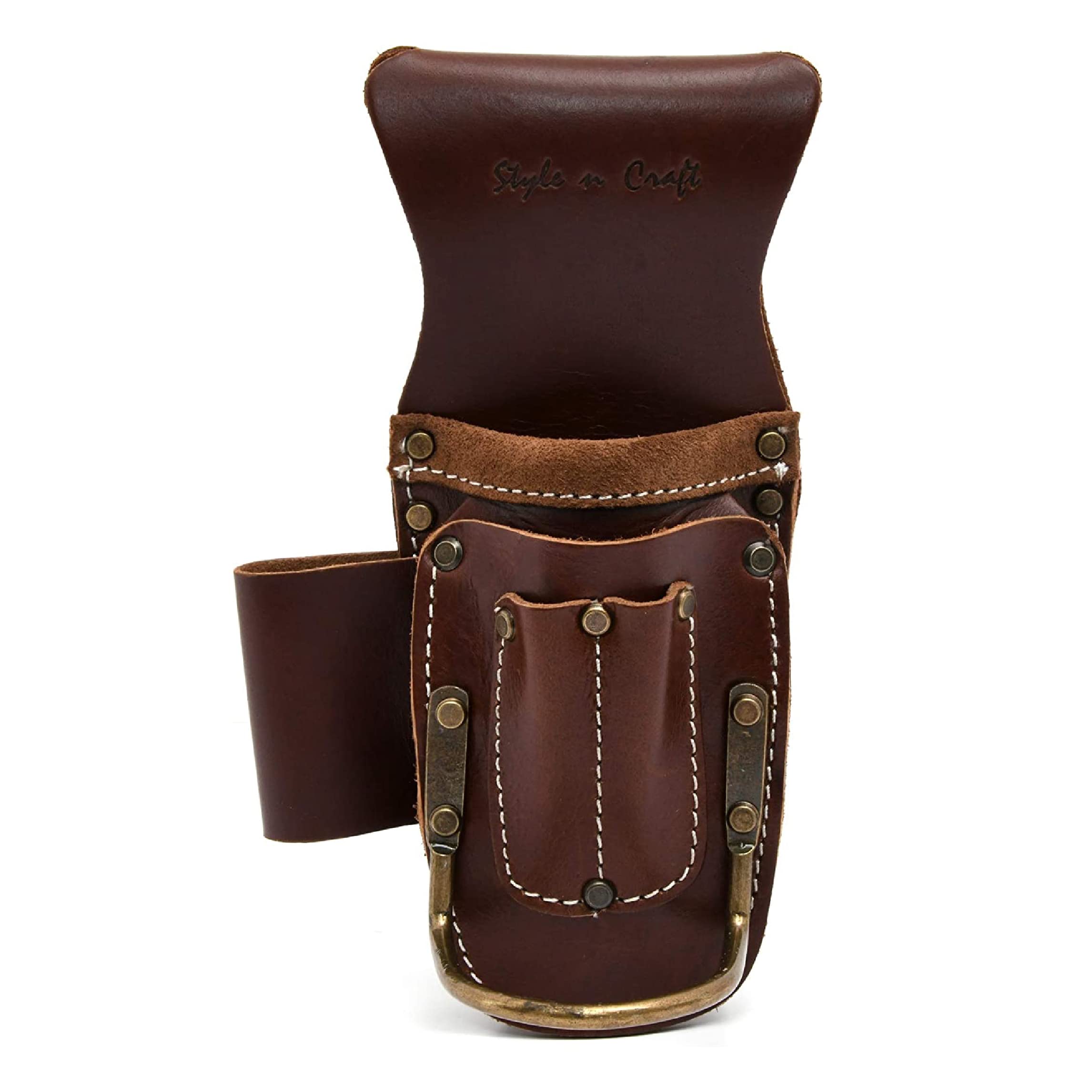 Style n Craft - 5 Pocket Pliers and Hammer Holder, Full-Grain Leather Tool Pouch, Multi Tool Holder, Dark Tan (98016)