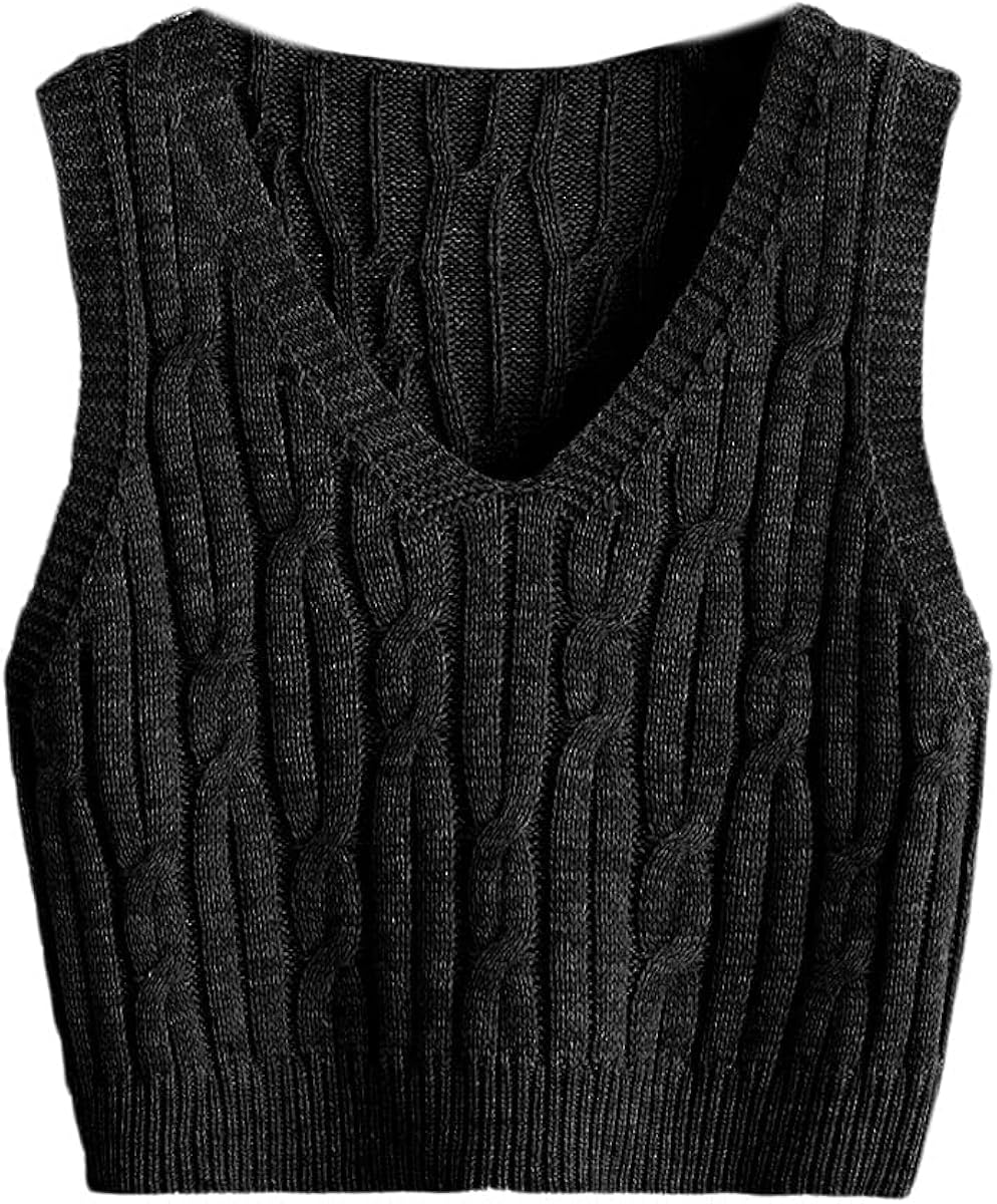 Romwe Women's Cable Knit Crop Sweater Vest Preppy Style Sleeveless V Neck Knitwear Tank Tops at  Women’s Clothing store