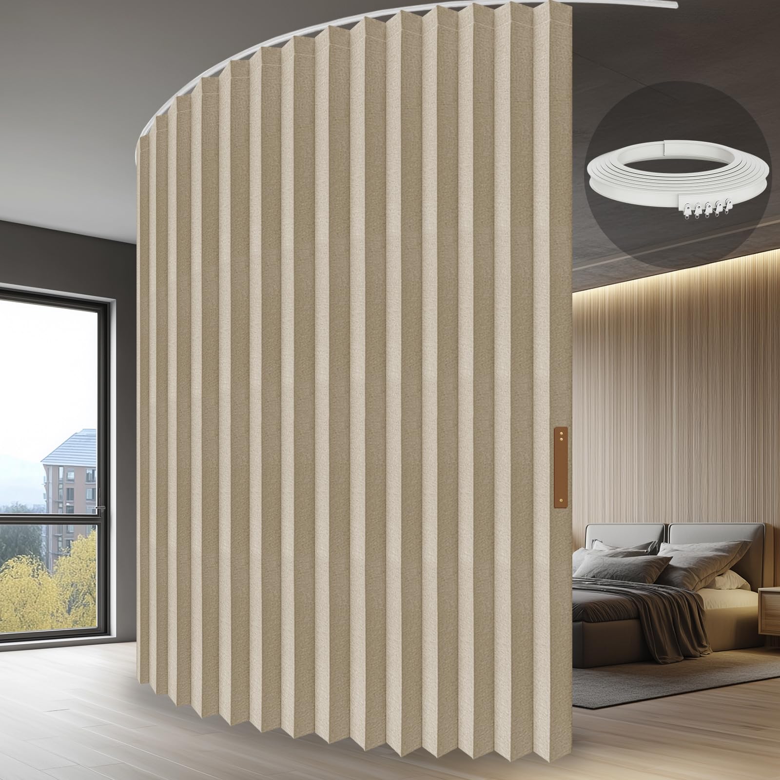 Photo 1 of ILRON Accordion Folding Room Partition with Ceiling Track - Retractable Room Divider Curtain, Effortless Setup(Beige 100" W x 96" L-Pack of 1)