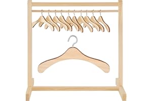 Civaner 11 Pcs Doll Garment Rack with Wooden Clothes Hanger for 18 Inch Girl Doll Clothes Mini Hangers Wardrobe Furniture Accessories for Dollhouse Baby Shower Supplies (Wood)