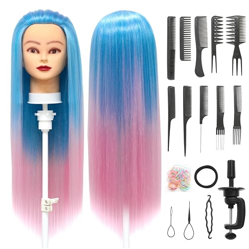 Styling Head 28 inch Hairdresser Training Head 100% Synthetic Fiber Hair Styling Head, Training Head Hairdressing Head with Free Clamp and DIY Braiding Set (Bean green pink)