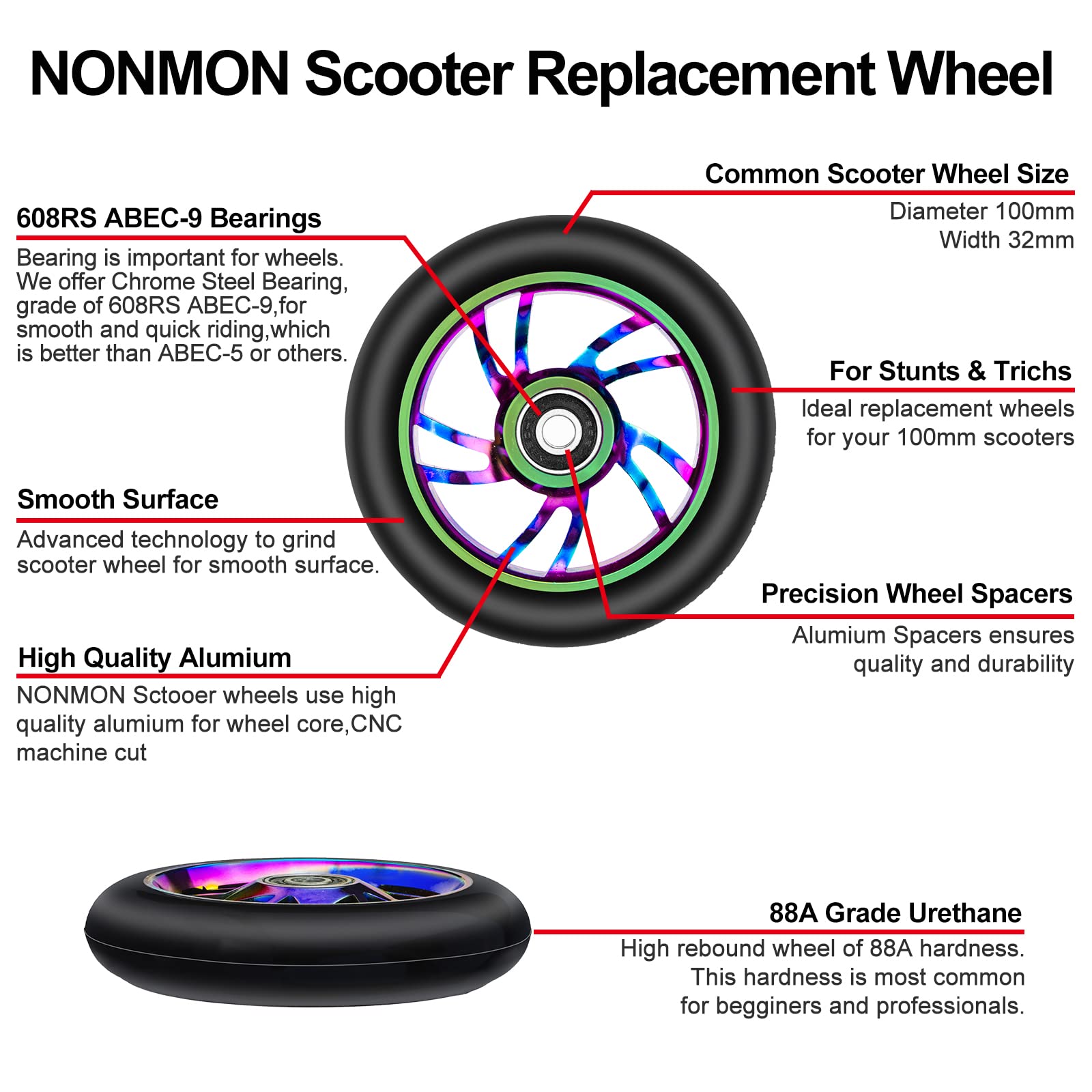 2 Pack 100mm Scooter Wheels,88A Replacement Scooter Wheel with ABEC-9 608RS Bearings Installed for Pro Scooters Kick Scooters, Multi-Color