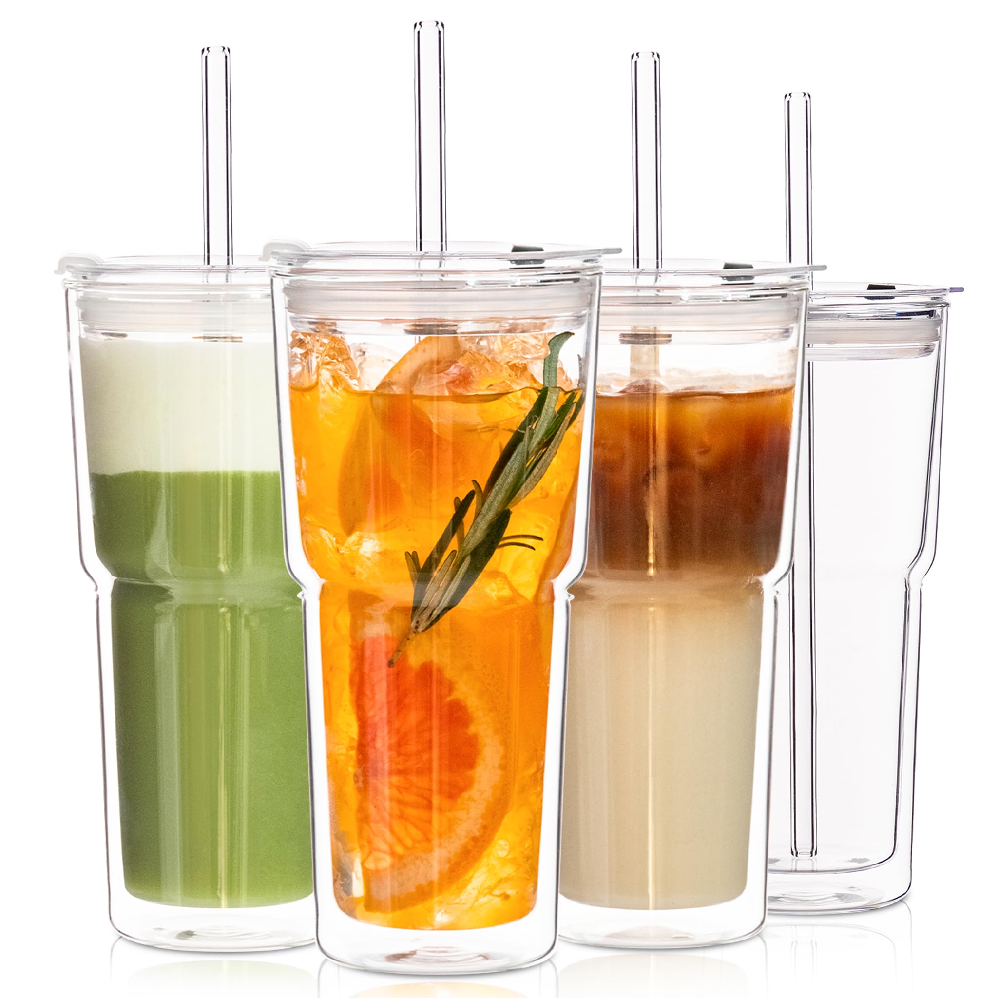 Photo 1 of KEMORELA 20oz Double Wall Glass Tumblers 4?Pack with Lids & Straws | Insulated Clear Drinking Glasses for Iced Coffee, Matcha, Smoothies | Reusable Cups for Family & Parties