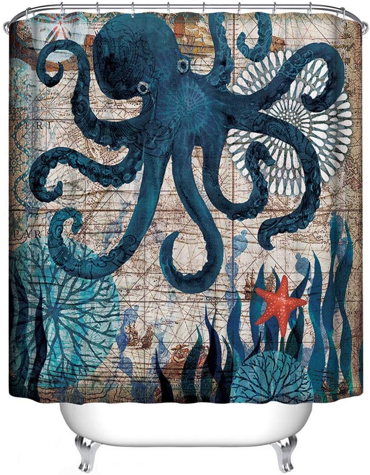 JMAHM Ocean Shower Curtain Waterproof Mildewproof Polyester Fabric Shower Curtain Set Bath Accessories (180x180, Colorful-Octopus)