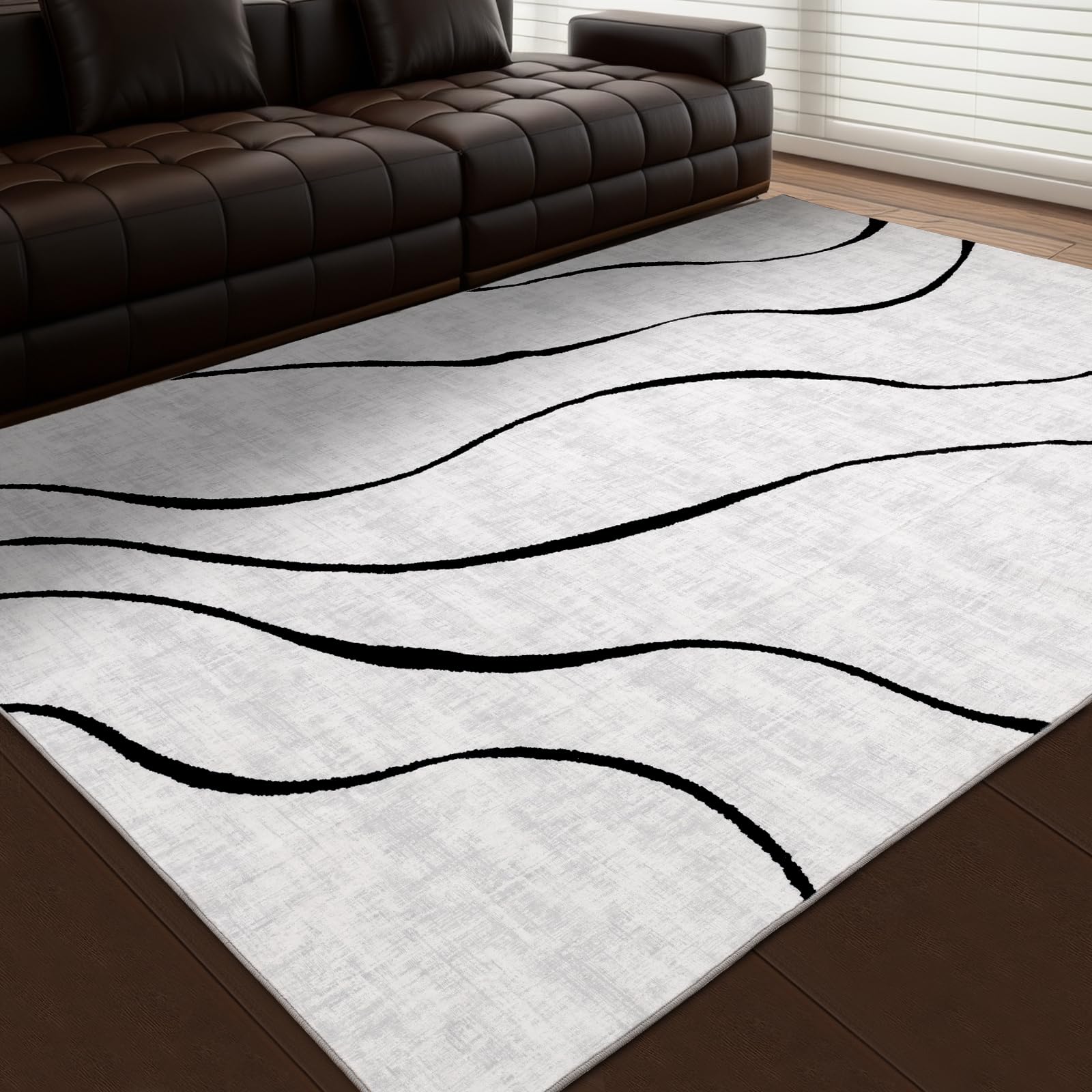 Photo 1 of YIHOUSE Abstract 6'x9' Black and White Rug- Washable Area Rug for Living Room Bedroom, Large Modern Non-Slip Ultra-Thin Rug Home Decor,Ripple,6x9ft