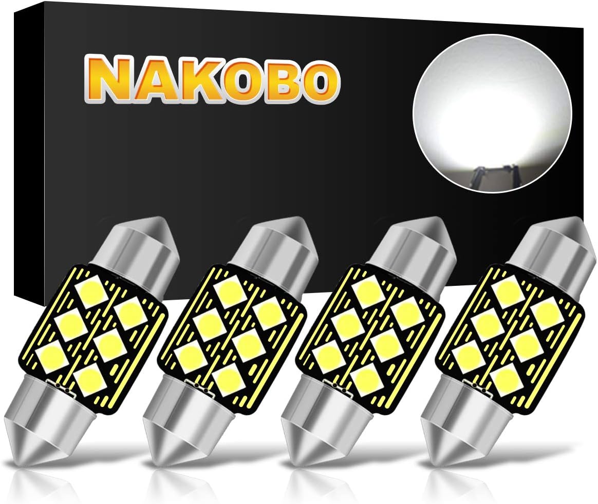 NAKOBO 3030 Chipsets 31MM Festoon Led Bulbs 6000K White 6-SMD Canbus Error Free for 3175 DE3175 DE3021 3022 3021 Dome License Plate Door Lights White（pack of 4）