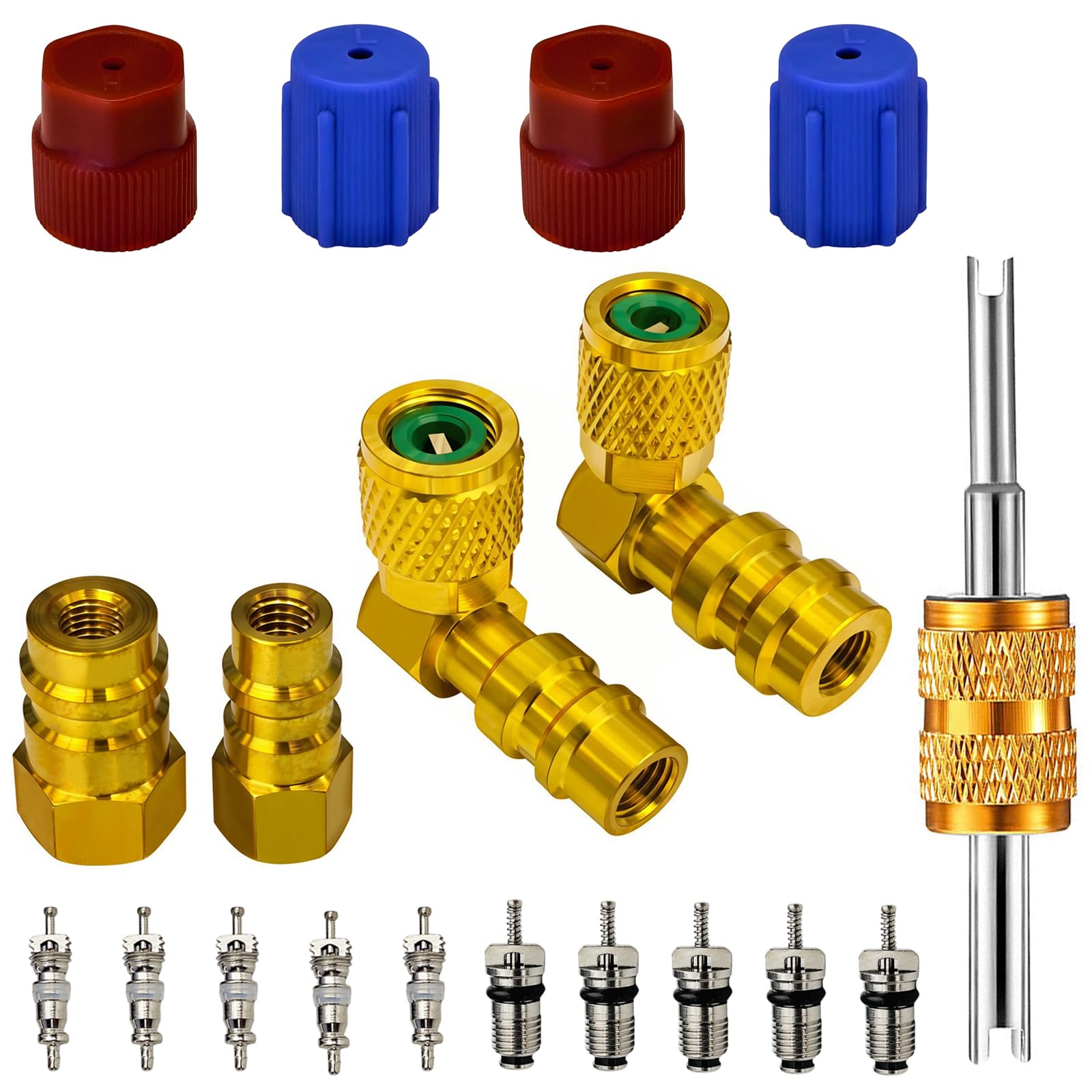 Photo 1 of R12 to R134A AC Fitting Conversion Adapter Kit, R12 to R134a Quick Coupler Valve A/C 2 Straight and 2 Angled Port Retrofit Adapter ,High/Low Pressure with Valve Tool for AC Air Conditioner System