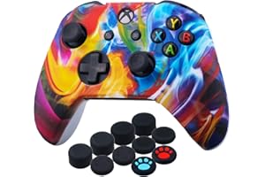 YoRHa Printing Rubber Silicone Cover Skin Case for Xbox One S/X Controller x 1(Colourful Stream) with Thumb Grips x 10