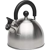Primula Stewart Whistling Tea Kettle for Stovetop, Stainless Steel Stove Top Kettle with Fast Boil Whistling Spout and Cool Touch Folding Handle, 1.5-Quart, Brushed Silver with Black Handle