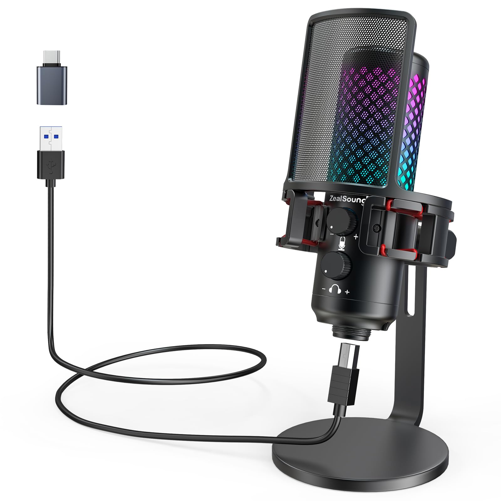 zealsound Gaming Microphone PC, USB Mic for Computer Phone Tablets PS5, RGB Cardioid Condenser Microphone with Tap-on-Mute, Pop Filter, for Podcast, Recording, Voice Over, Youtuber, All-Metal-Built