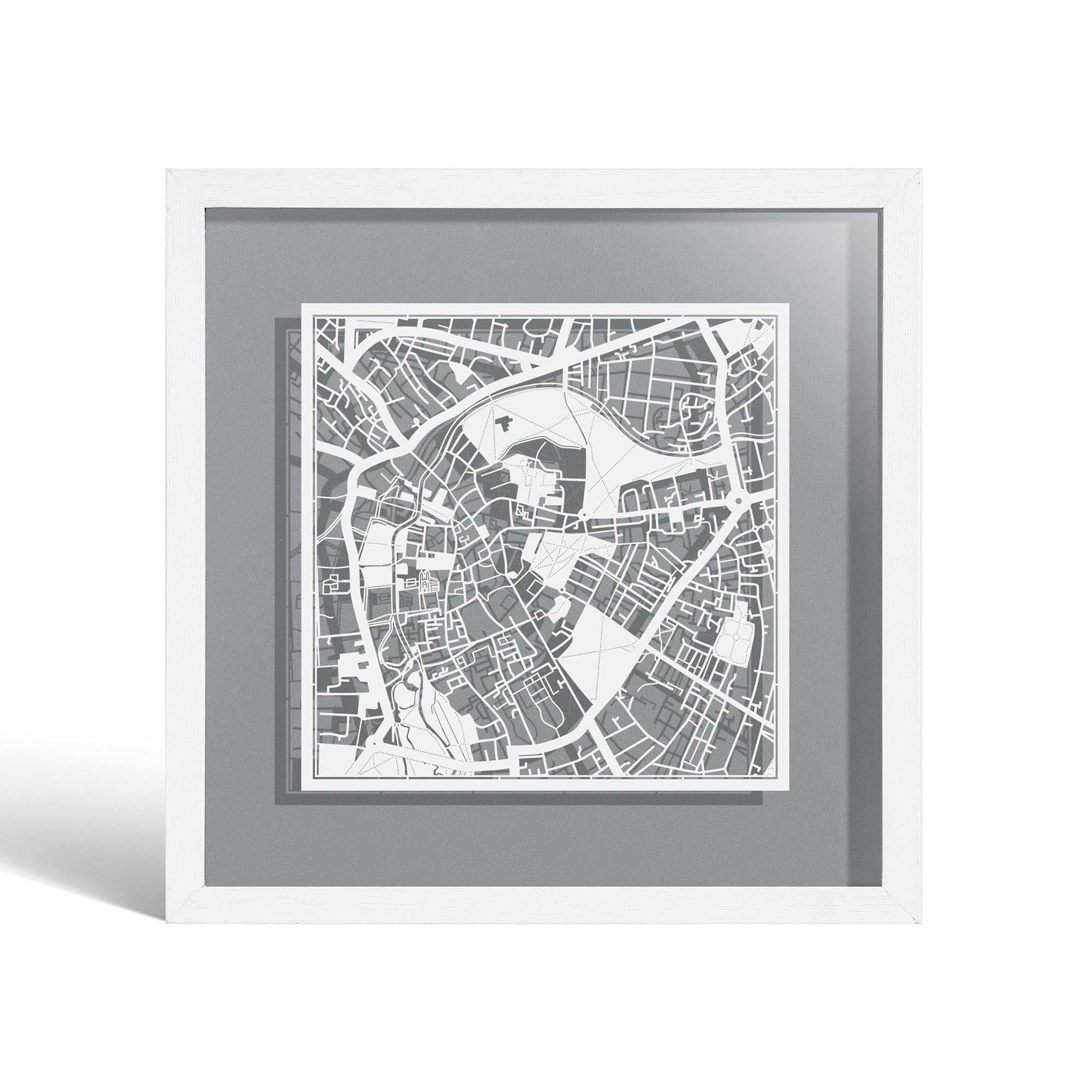 O3 DESIGN STUDIO Cambridge Paper Cut Map framed, White map, White frame, 9x9 inches, Gift Boxed, 4 background color, self-changing, Paper Art