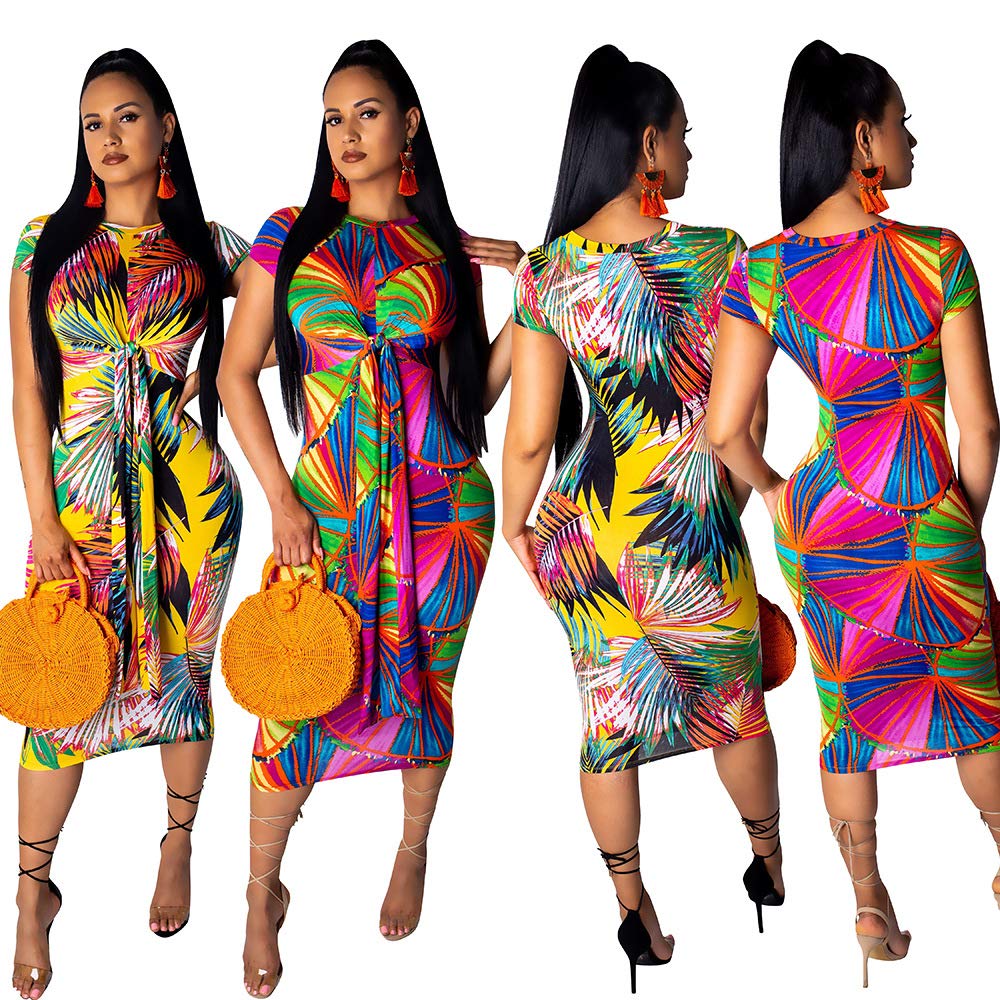 Women’s Bodycon Floral Midi Dress - Casual Sexy Tight Pencil Maxi Dress with Front Tie Bow Knot Rainbow1 2XL