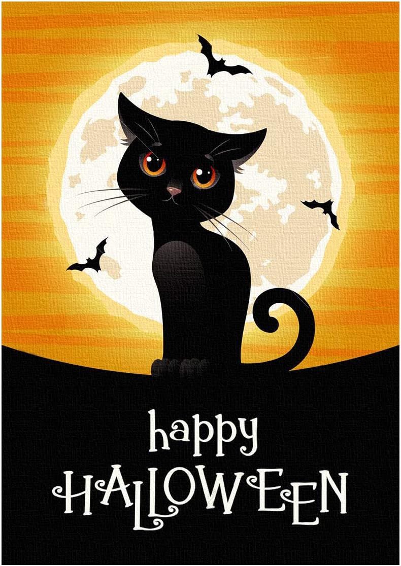 LYNHEVA Happy Halloween Garden Flag- Black Cat Bats and Full Moon Yard Flag- Halloween Holiday Waterproof House Flag- Double Sided 12"x18"
