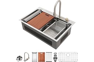 Lordear 33x22 Inch Waterfall Kitchen Sink - 33 Inch Drop In Kitchen Sink With Faucet Smart Waterfall Workstation Stainless Steel 16 Gauge Single Bowl