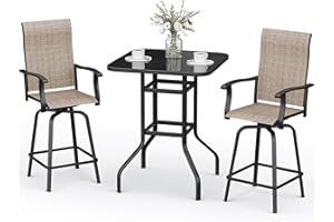 BUPPLEE 3-Piece Patio Bar Set with Textilene Swivel Bar Stools, All-Weather Bar Height Tempered Glass Table and Chairs for Lawn, Garden, Balcony, Deck, Backyard, Rustproof Frame