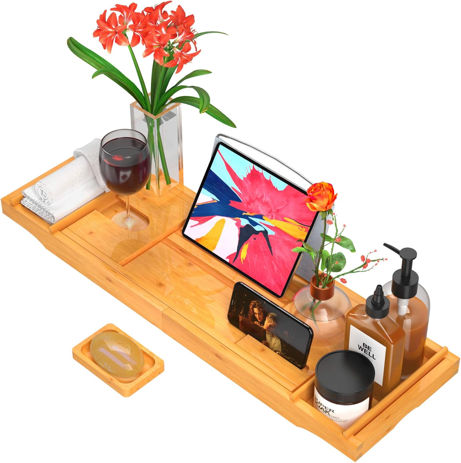 Bamboo Expandable Bathtub Caddy Tray for Bath Tub Wooden Adjustable for Luxury and Relaxing with Wine Glass Holder, Reading Slot by FURNINXS: Kitchen & Dining