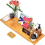 Bamboo Expandable Bathtub Caddy Tray for Bath Tub Wooden Adjustable for Luxury and Relaxing with Wine Glass Holder, Reading S