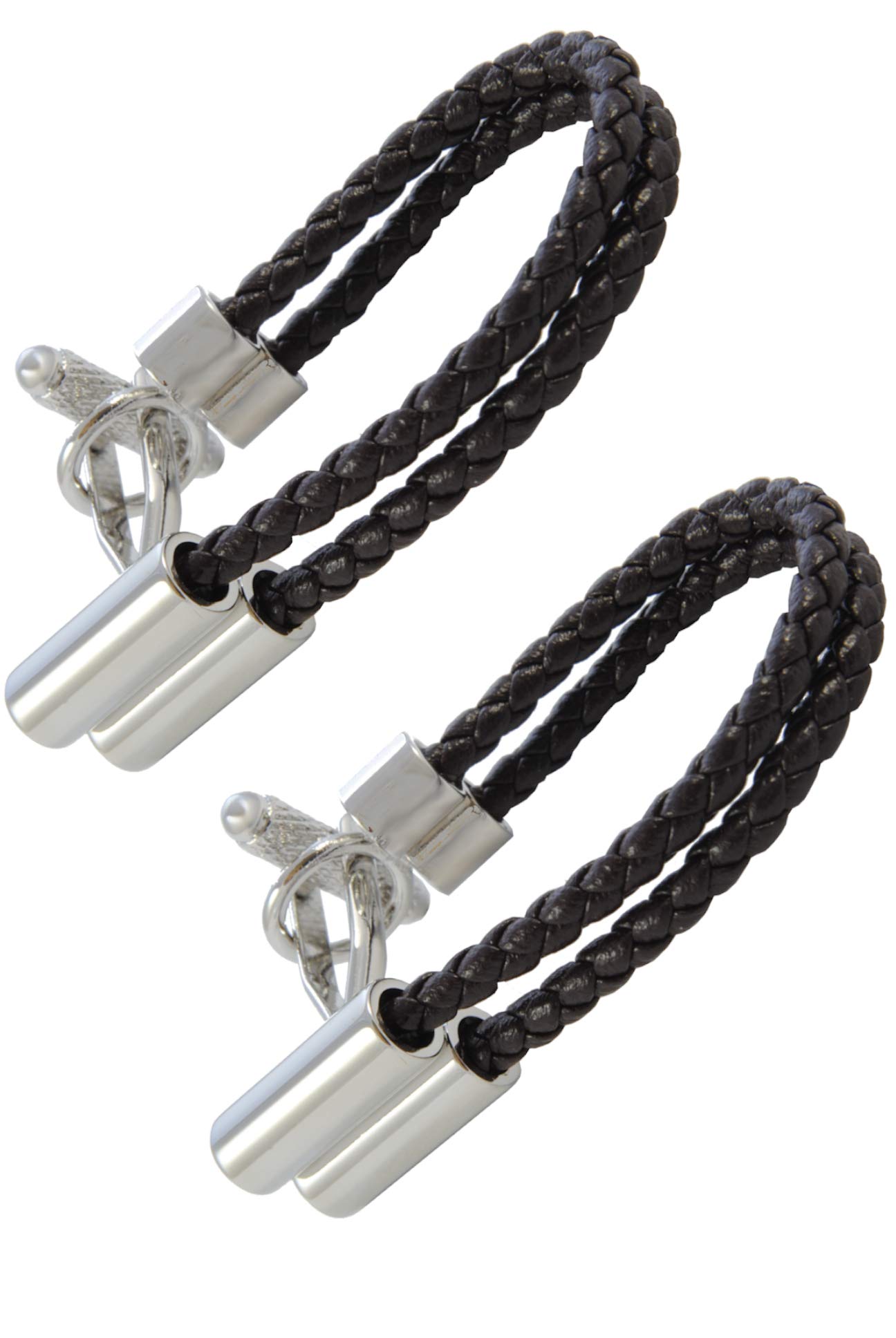 Cufflinks for Men + Presentation Box - Brown - Double Plait Wrap Around C Style Leatherette - Brown and Silver Colours - One Pair