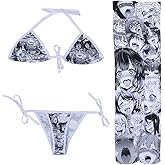 Quker Bean Lolita Japanese Manga Anime Ahego Face Micro Bikini Bra and Thong Set Thigh High Stockings Outfits
