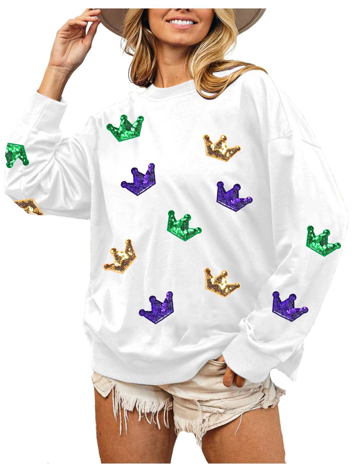 Photo 1 of *MINOR DAMAGE - USED*
MOUSYA Mardi Gras Sequin Crown Sweatshirt Woman Fat Tuesday Shirt Saints New Orleans Party Shirts Long Sleeve Casual Tops White