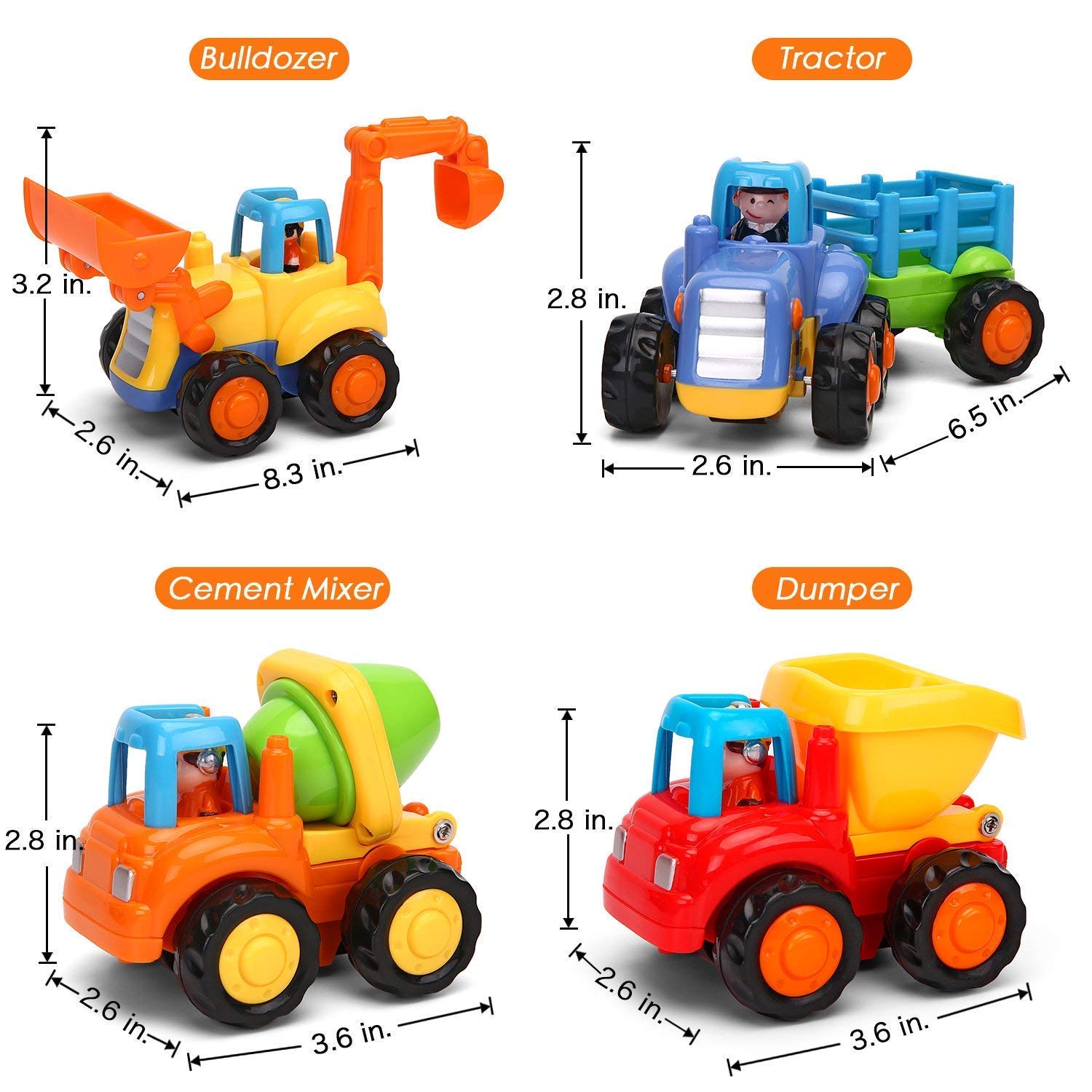 MOONTOY Baby Spielzeugauto Bagger Konstruktionsfahrzeuge Baufahrzeuge 4 in einem Set für Kinder, Traktor, Bulldozer, Kipper & Zementmischer 7
