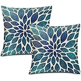 aportt Navy Blue Teal Dahlia Pillow Covers 18X18''Spring Summer Floral Couch Pillow Cases Modern Abstract Throw Pillows Set of 2 Home Decor for Living Room Bedroom Couch Bed Sofa Outdoor