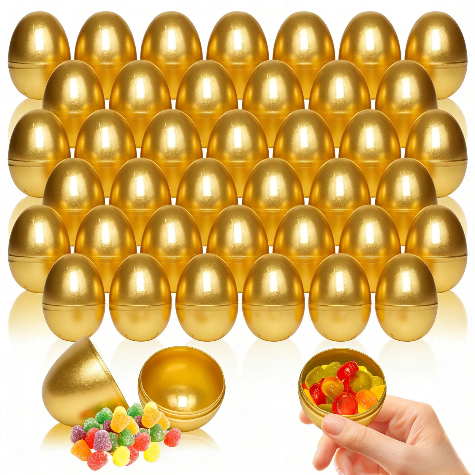 Photo 1 of  2.36" Plastic Easter Eggs Empty Easter Eggs Fillable Bulk for Easter Egg Hunt, Suprise Egg, Basket Stuffers, Classroom Prize Supplies Decor(Gold)