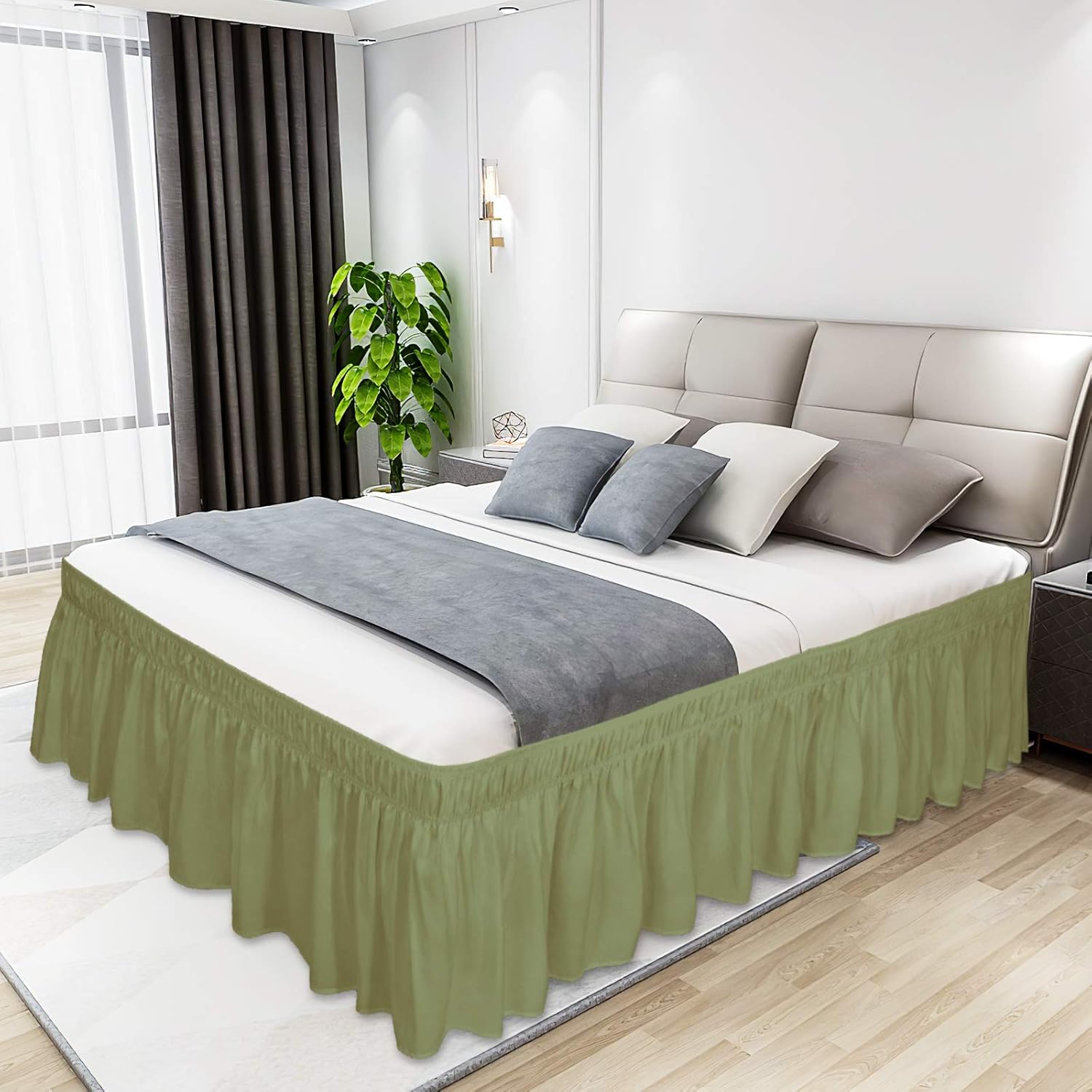 Easy-Going Bed Skirt for Queen or King Size Bed, 14 Inch Tailored Drop, Fitted with Adjustable Elastic Belt, Convenient to Use Without Lift The Mattress (Queen/King, Light Green): Home & Kitchen
