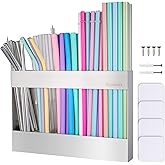 Straw Holder, 304 Stainless Steel Material,12“ Large Capacity Straw Storage Rack,Suitable for Cabinets, Countertops and Refrigerators, with Drainage Holes
